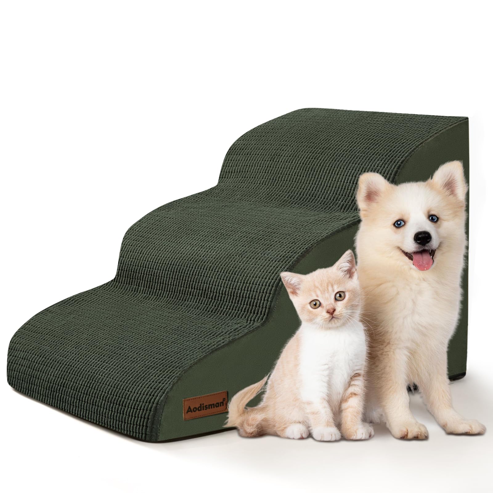 Aodisman dog ramp step closeup on green fabric for safer climb to sofa.