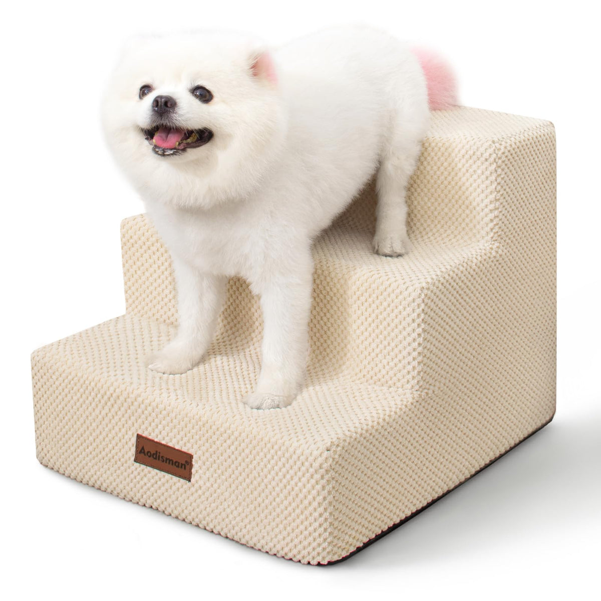 Aodisman dog stairs 3-step beige on couch, helping small dogs reach the sofa safely.