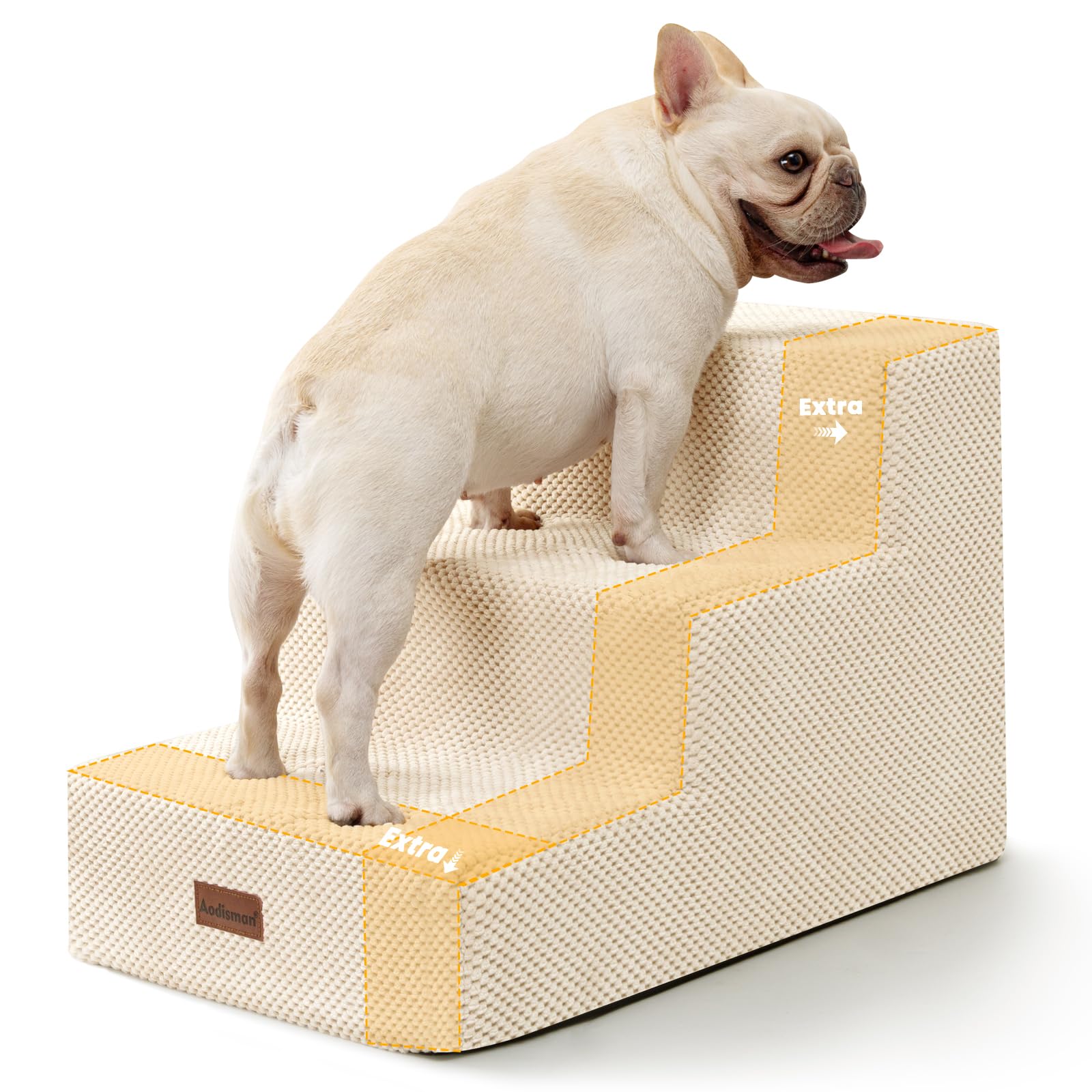 Aodisman 3-step beige dog stairs provide stable couch access for small pets.