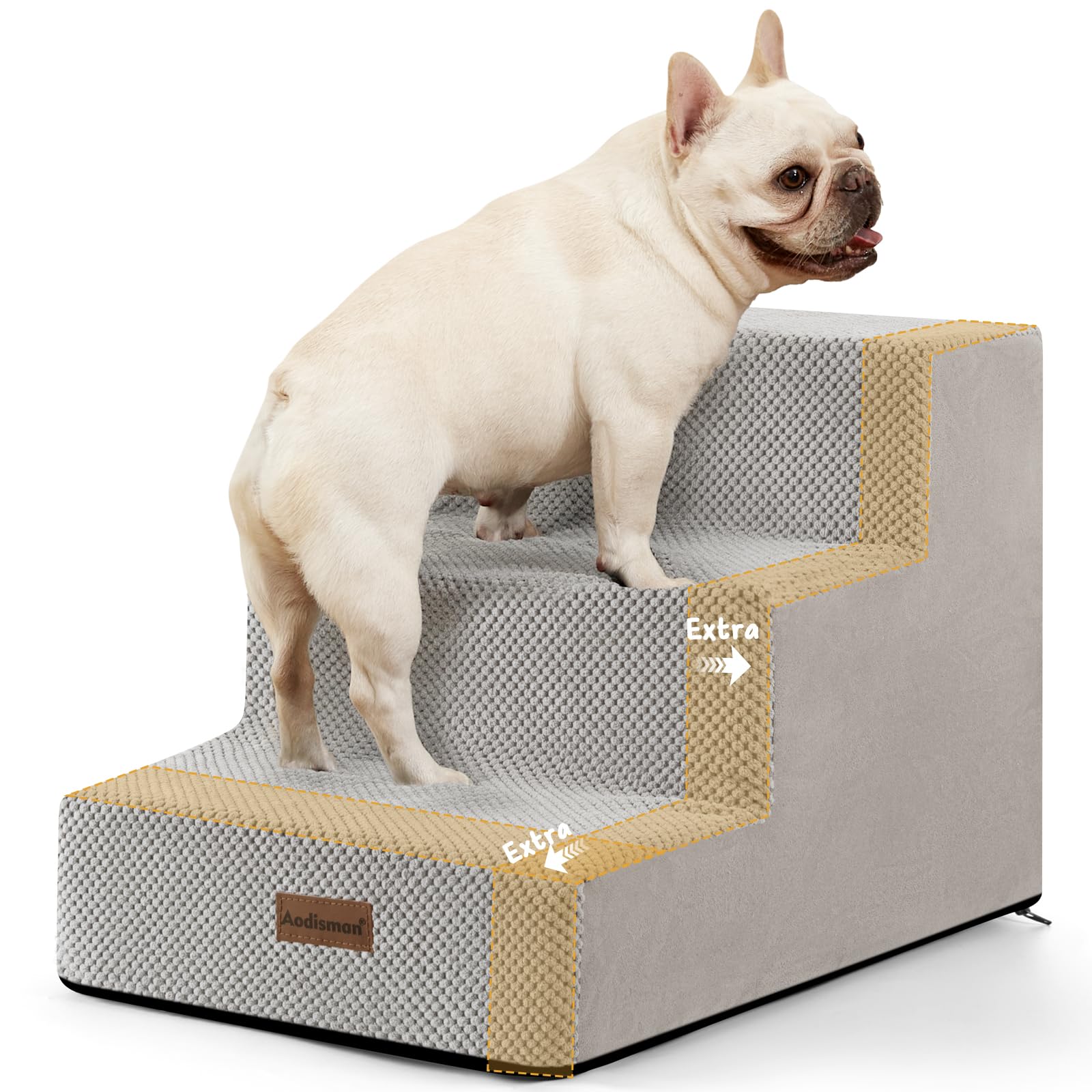 Aodisman dog stairs 3-step grey side view for easy couch access.