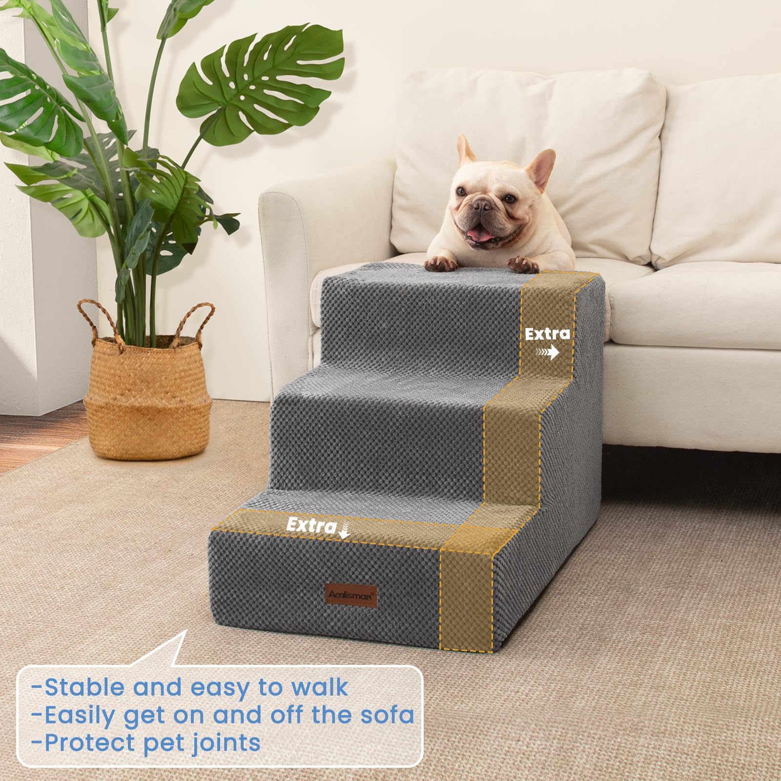 Aodisman dog stairs 3-step side view showing wide steps for stability