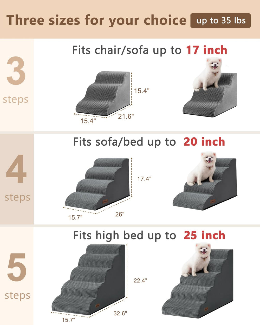 Aodisman dog stairs highlight 30D density foam for sturdy support.
