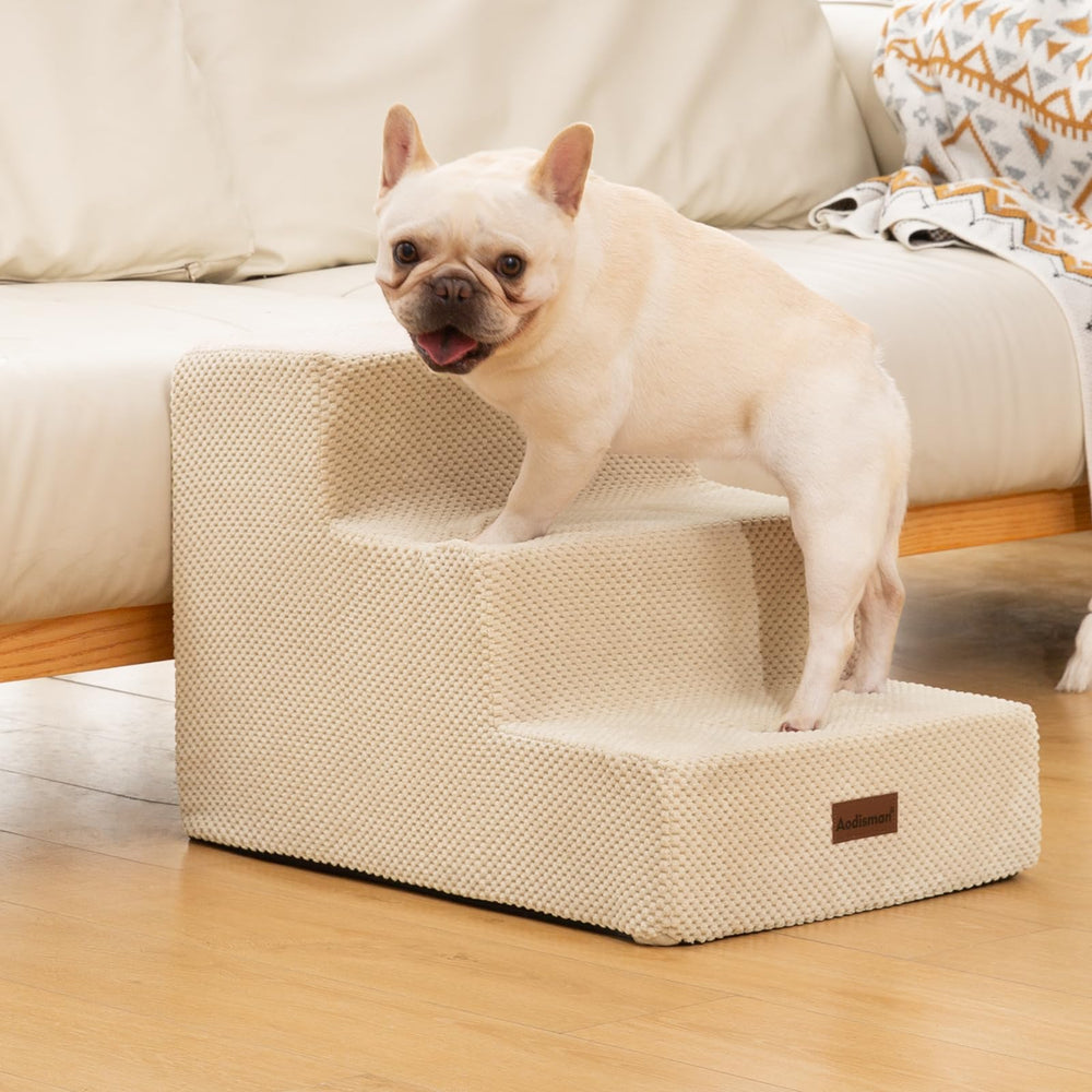 Aodisman 4-step beige dog stairs extend reach to higher sofas with secure footing.