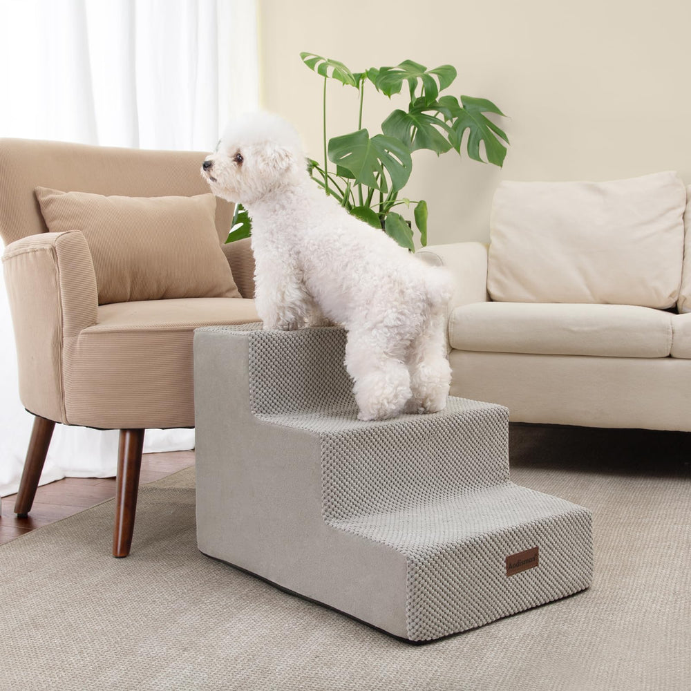 Aodisman dog stairs 4-step grey angled shot supports higher sofa heights.