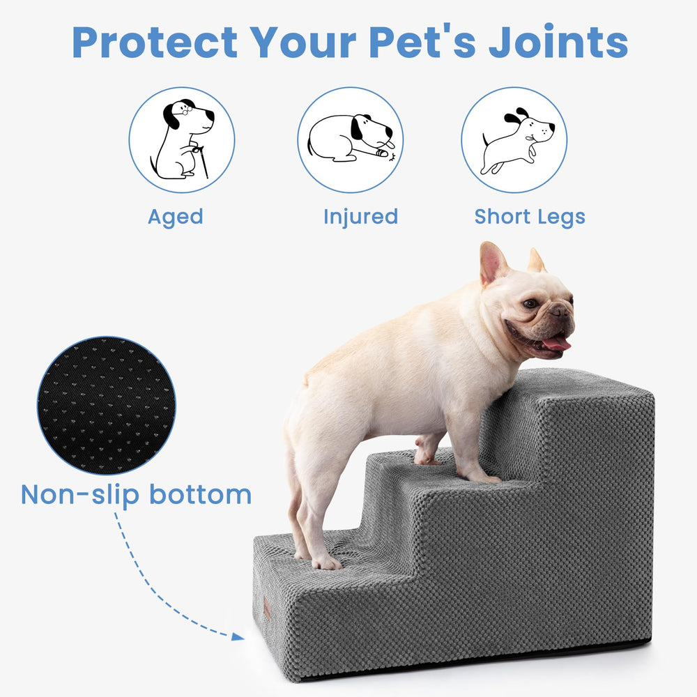 Aodisman dog stairs 4-step in-use with a small dog climbing