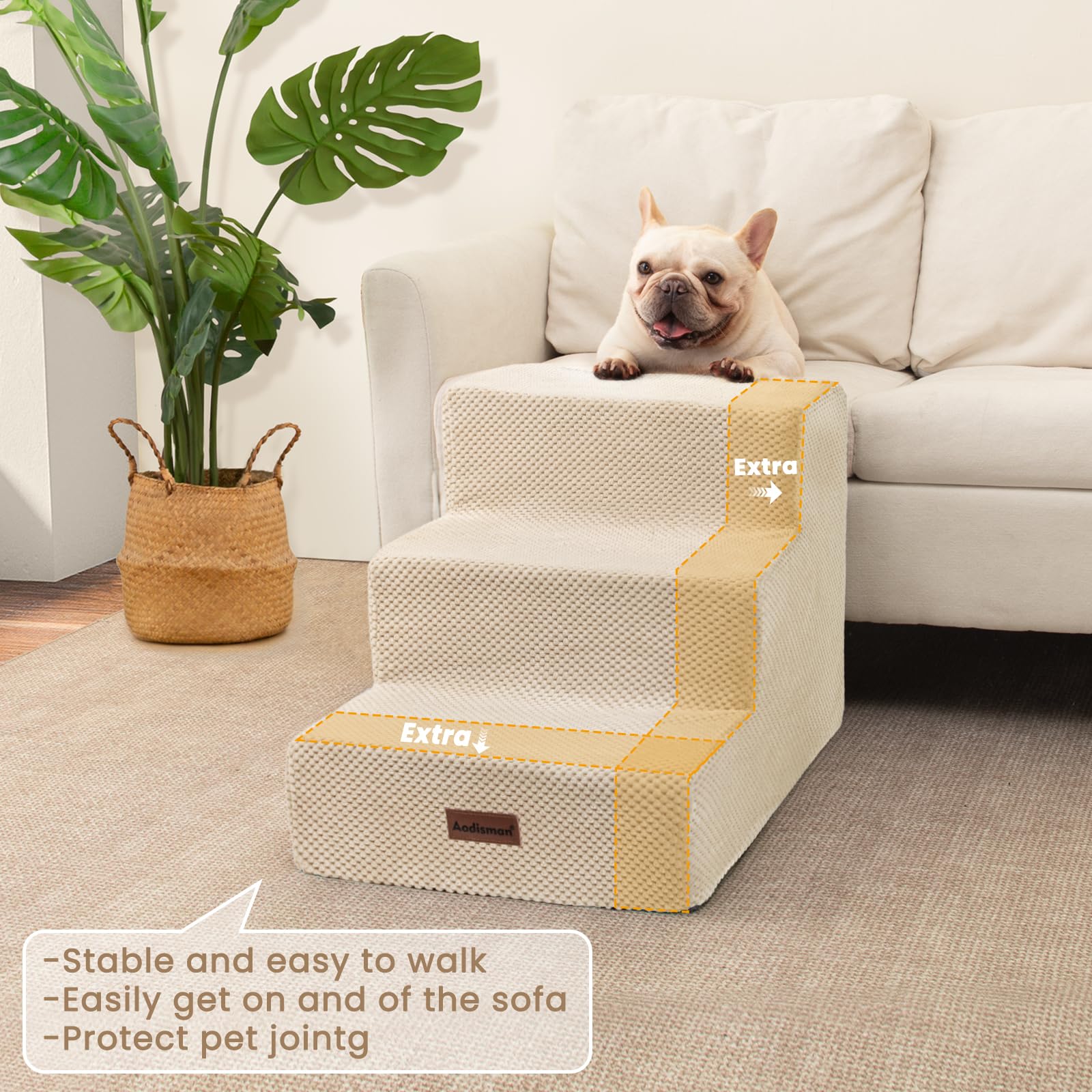 Aodisman 5-step beige pet stairs reach higher beds with safe footing.