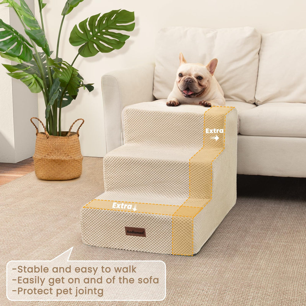 Aodisman 5-step beige pet stairs reach higher beds with safe footing.