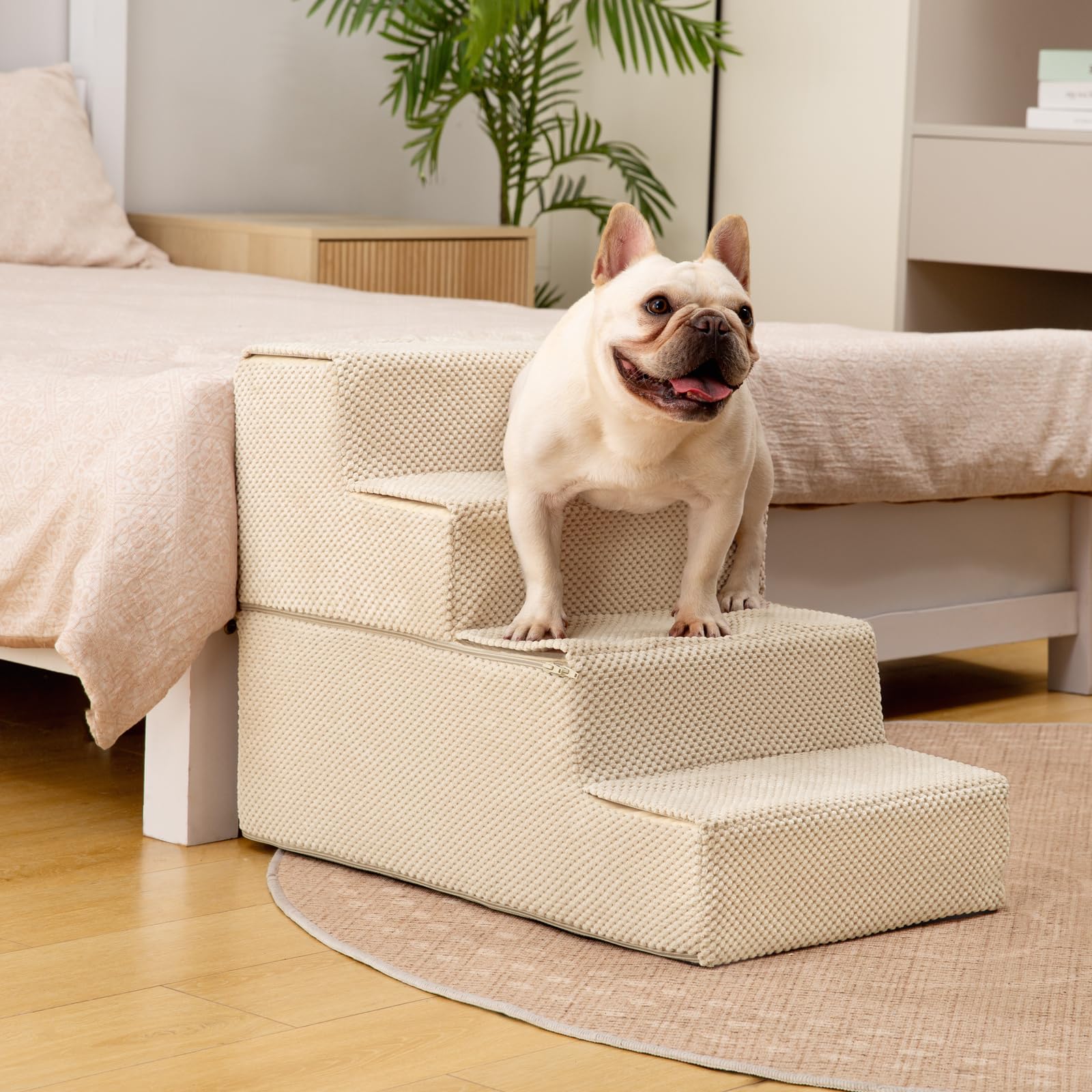 Aodisman dog stairs with 4 steps shown beside a bed for easy access