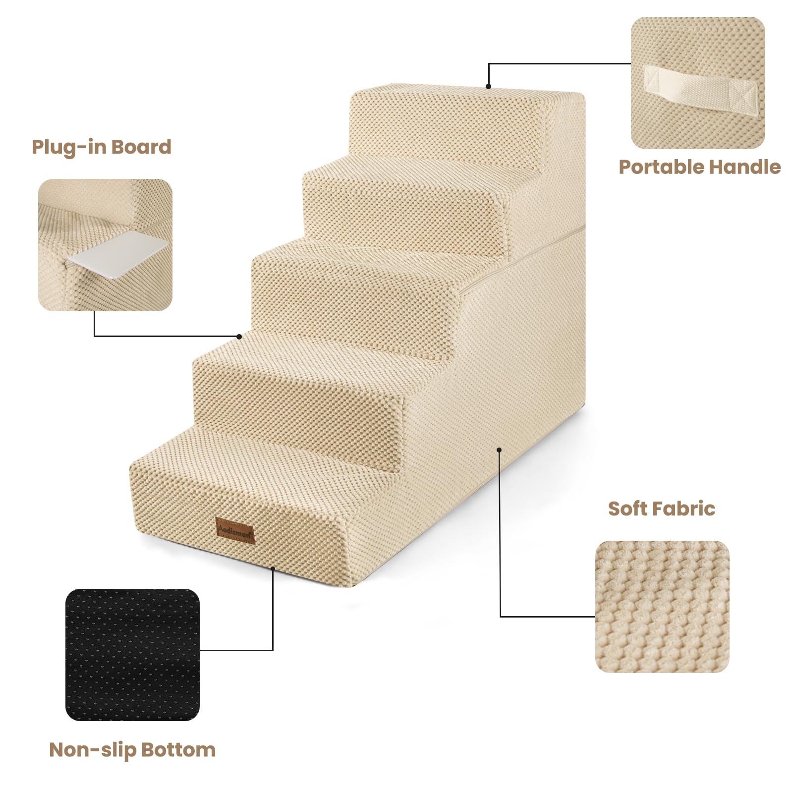 Aodisman dog stairs beige soft-cover closeup, inviting indoor use.