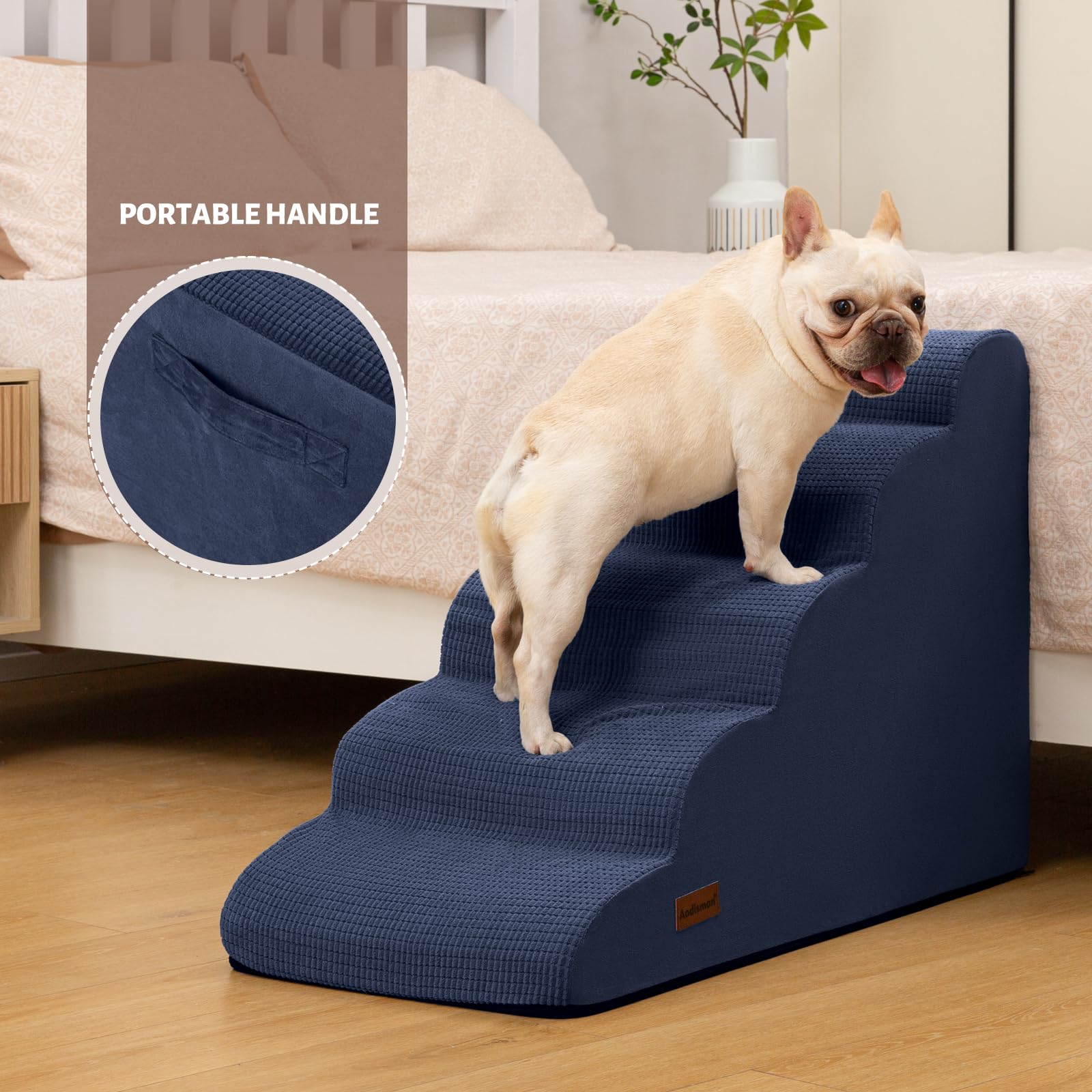 Aodisman dog stairs blue with paw on step illustrating gentle slope support