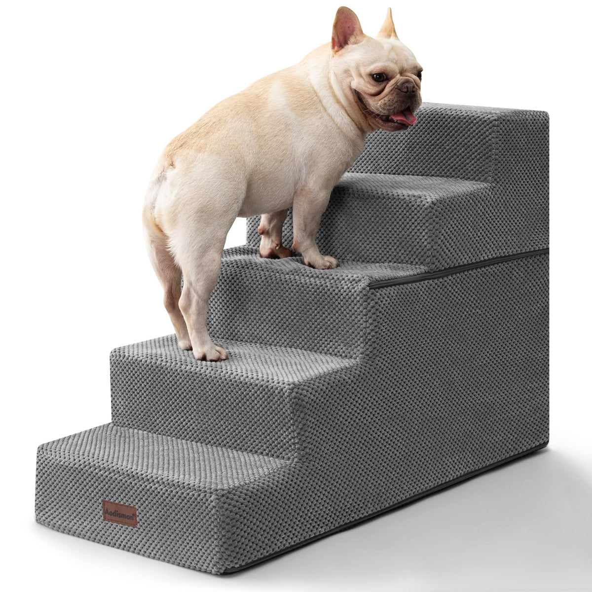 Aodisman dog stairs for high bed showing 22.6-inch height in grey, supports easy bed access