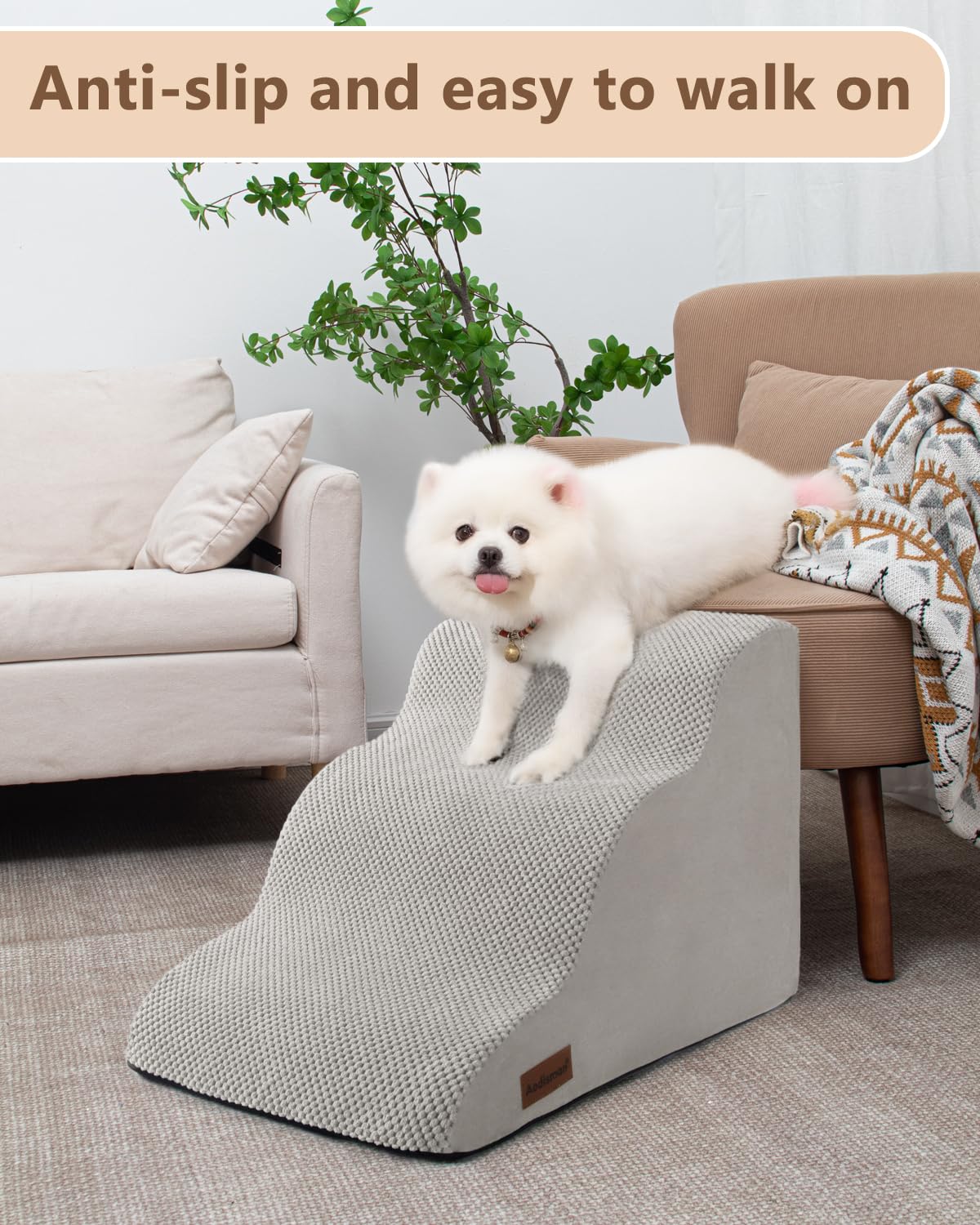 Aodisman dog stairs showing non-slip bottom for stable ascent on smooth floors.