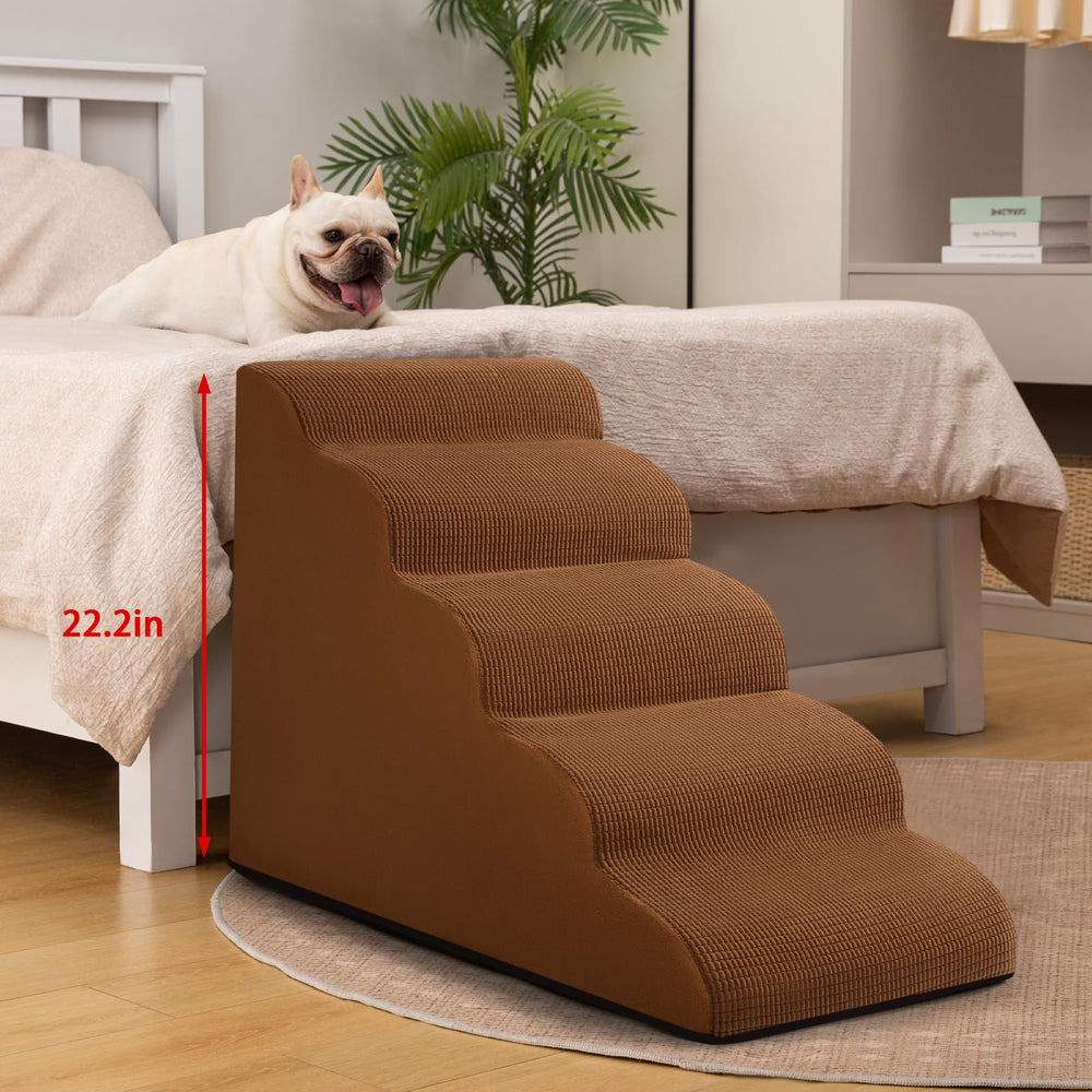 Aodisman stairs in use with a small dog on a bed.