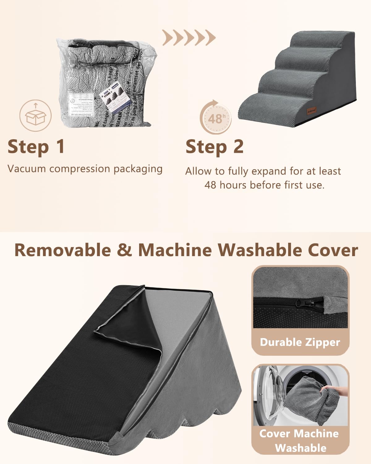 Aodisman dog stairs feature removable washable cover for easy cleaning.