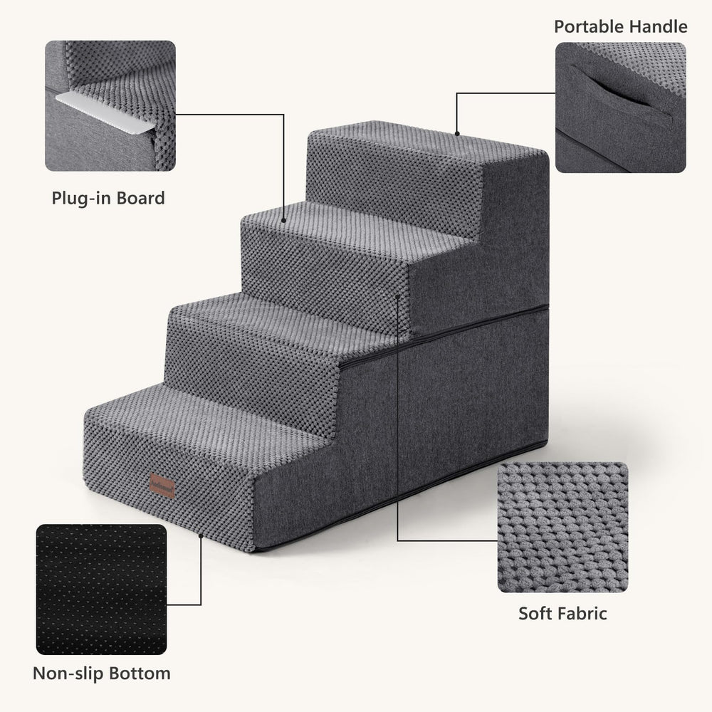 Aodisman 3-step compact grey dog stairs beside sofa for easy access.
