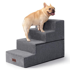 Aodisman 4-step dog stairs by bed and couch in grey aid safe climbing.