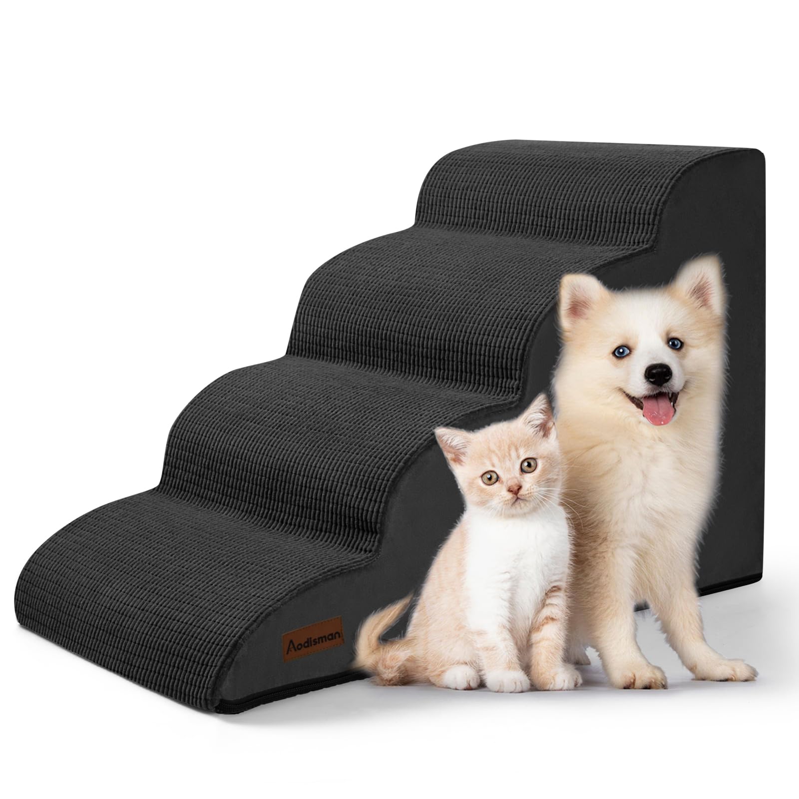 Aodisman 4 step dog stairs in black used against bed edge for easy access