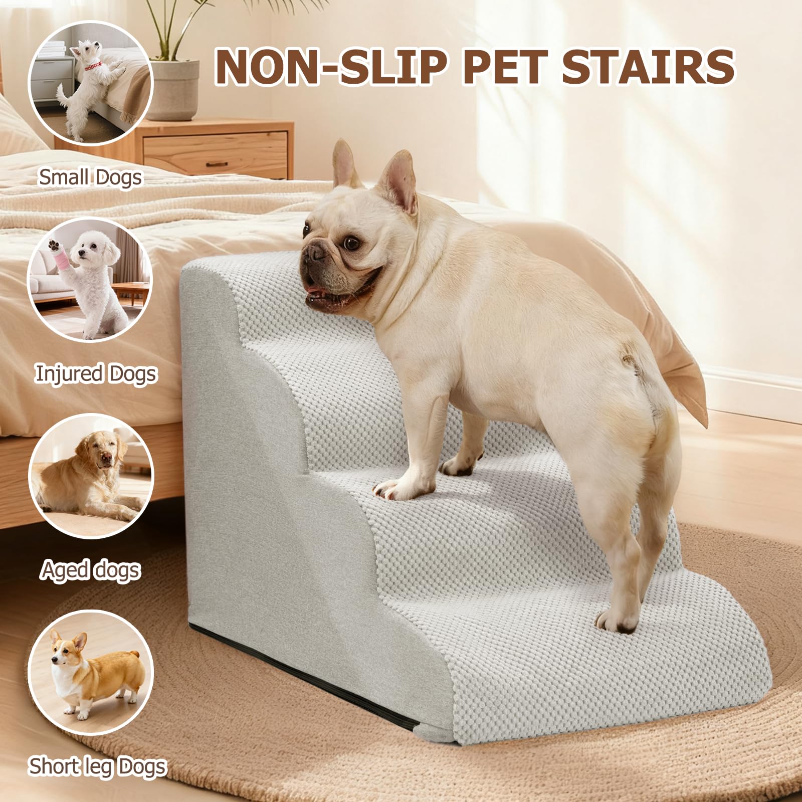 Aodisman dog stairs with soft corduroy surface offers secure grip during climbs.