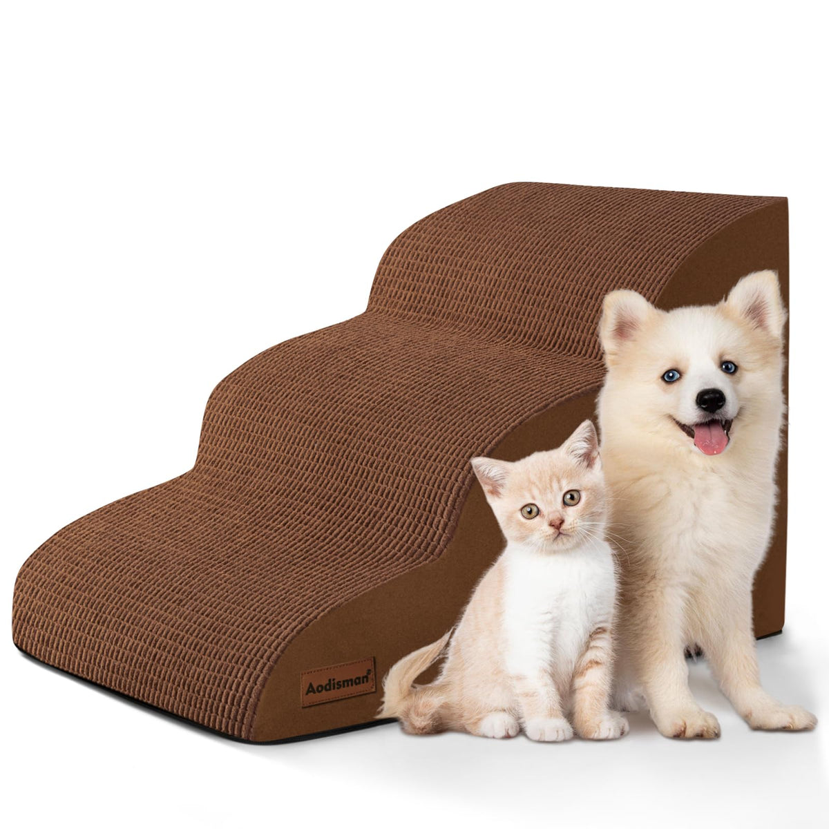 Aodisman three-step dog ramp beside a bed helps small dogs reach the sofa.