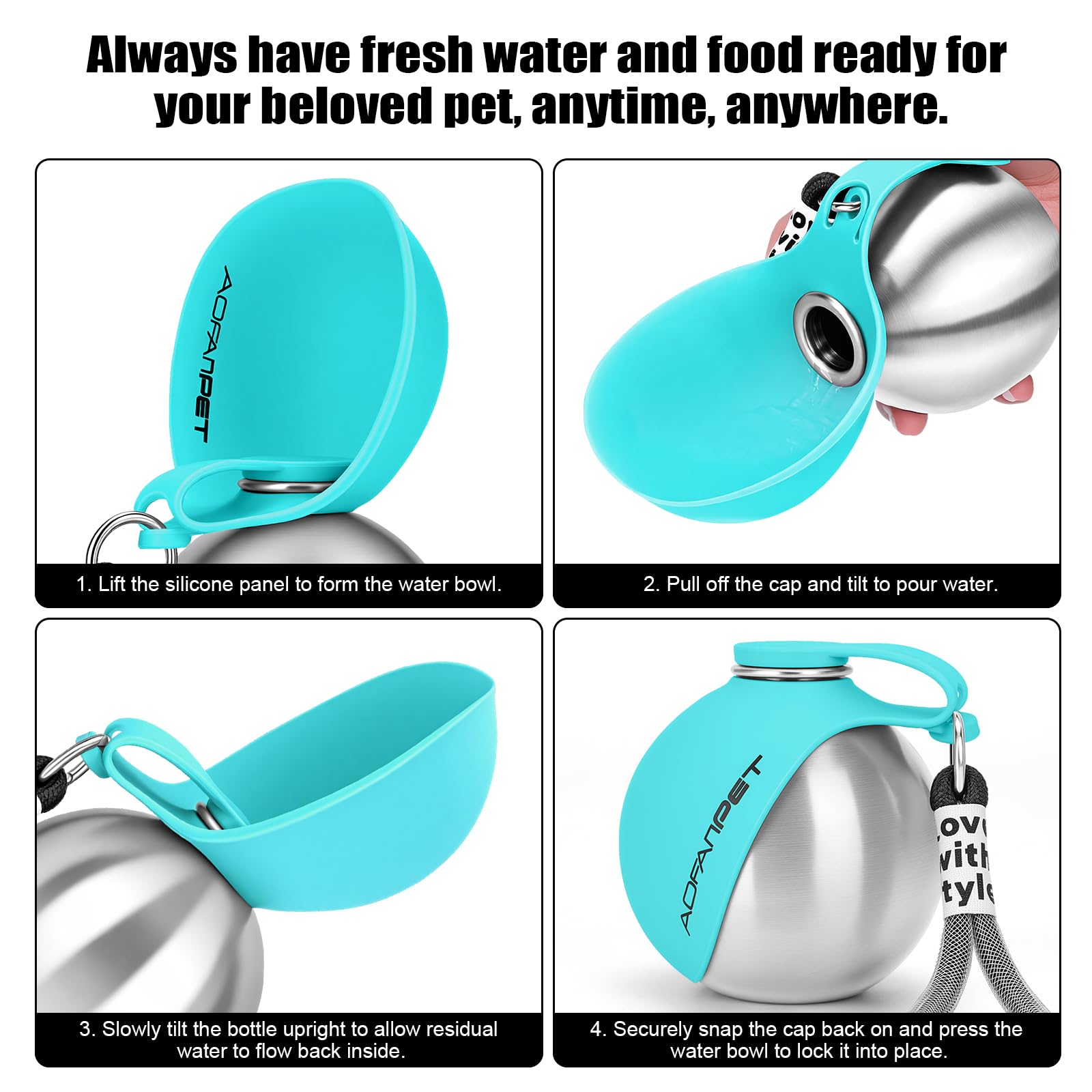 AOFANPET stainless steel bottle with silicone bowl ensures durable hygiene