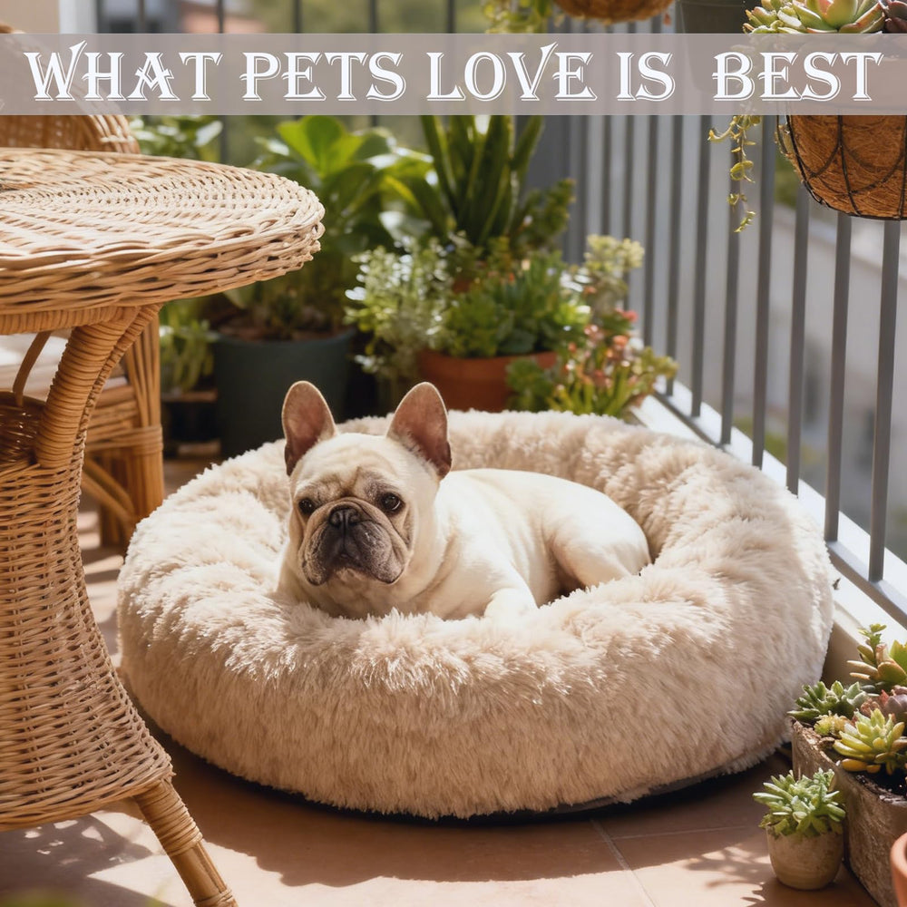 Calming faux fur bed offers cozy comfort for anxious pets.