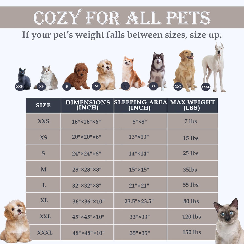 Multi-size pet bed fits small to extra-large cats and dogs.