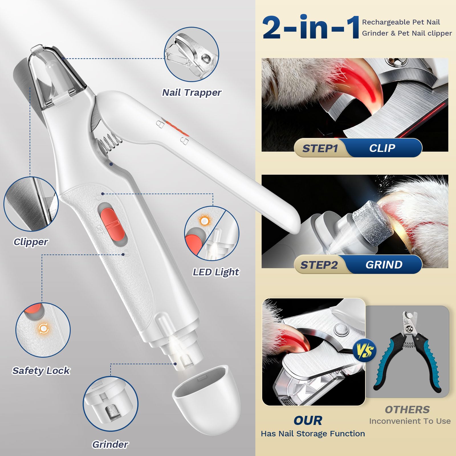 Aoioploa nail grinder with LED lights for better visibility during grooming.