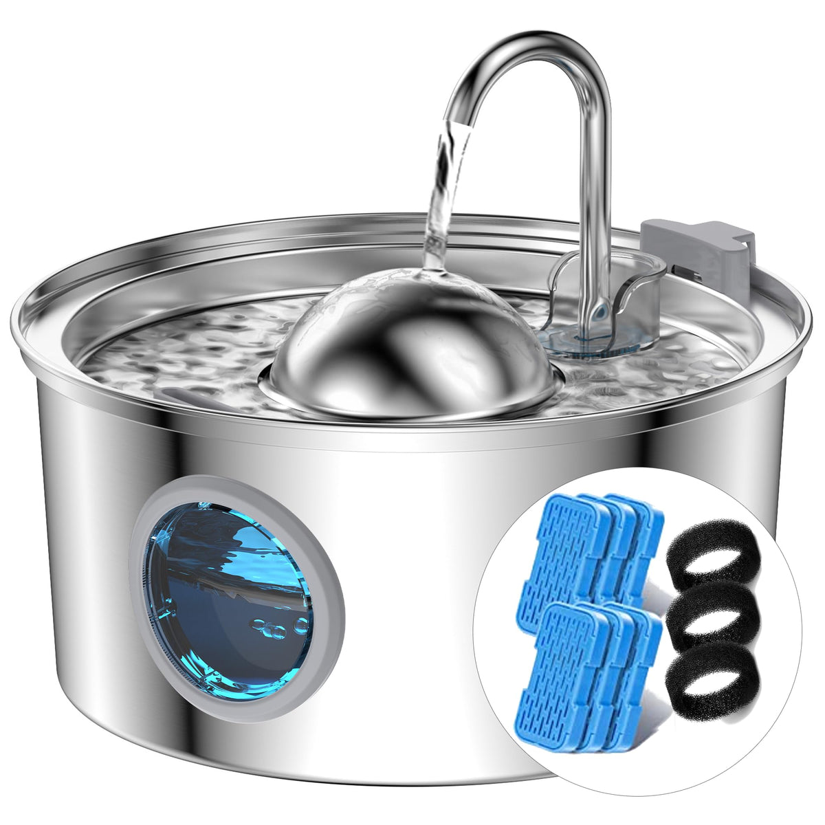 AONBOY cat water fountain with water level window for easy monitoring.