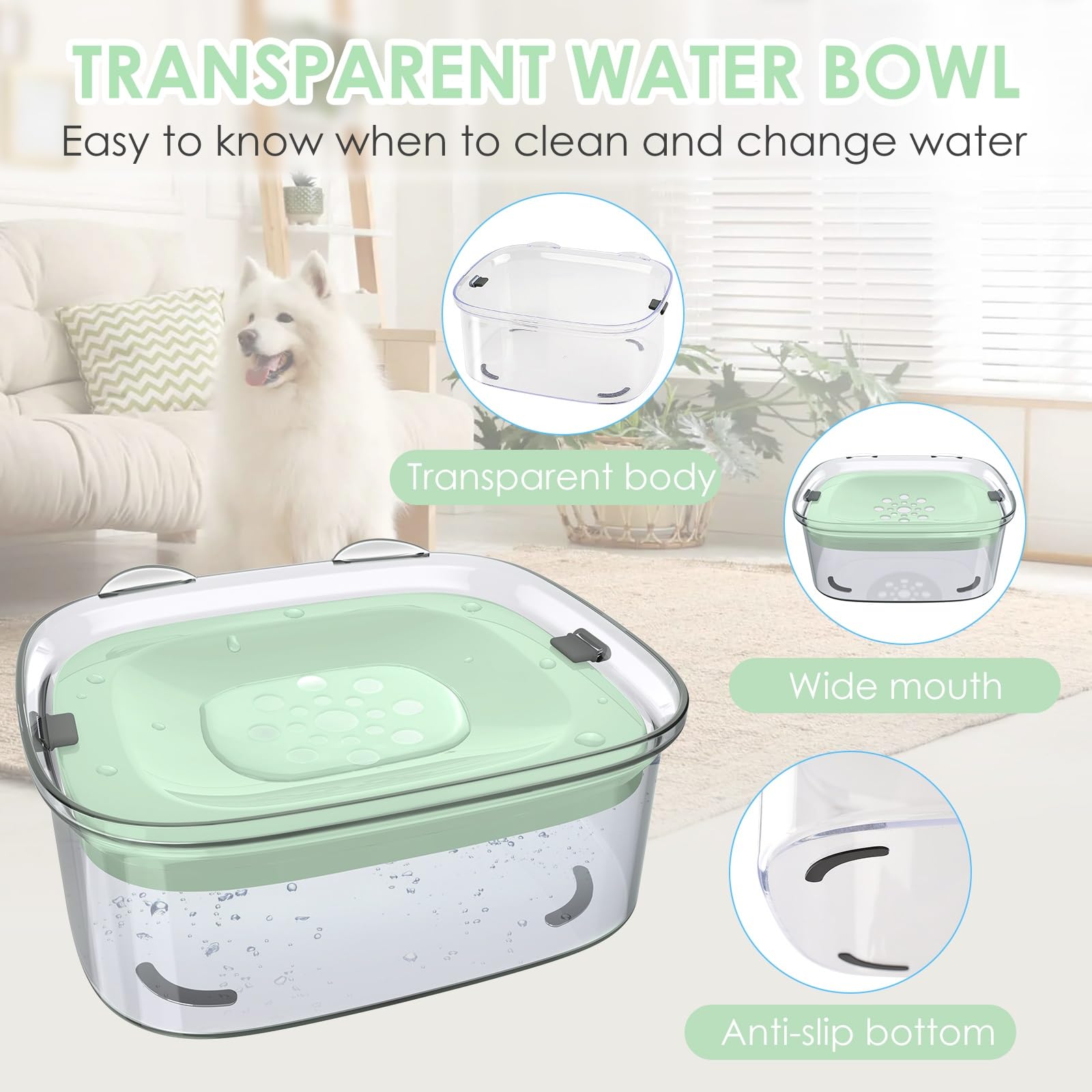 AONKEY no-spill feature illustrates slow drinking and fur protection.
