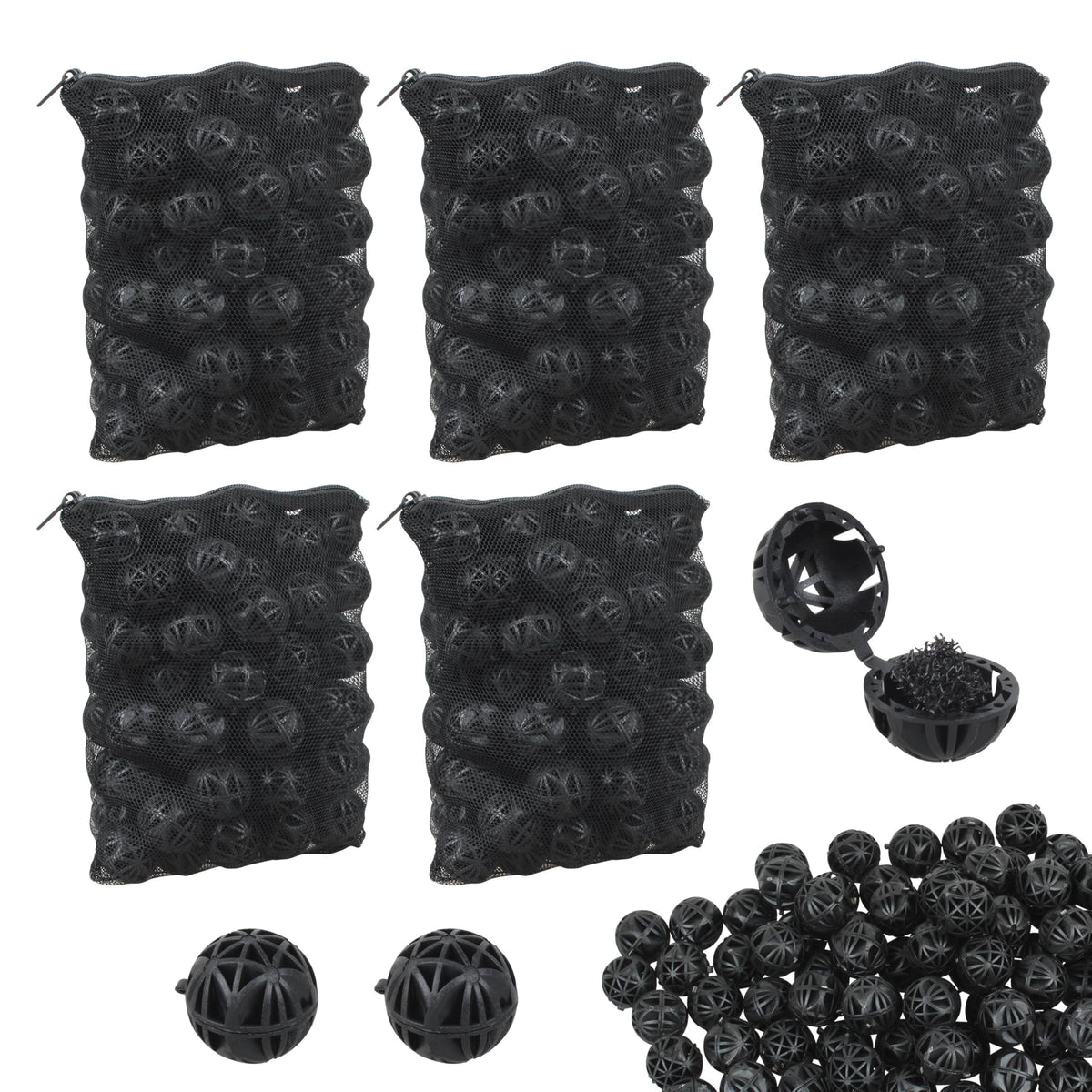 AOQIVIS 500 black bio balls for stable biological filtration in aquariums.