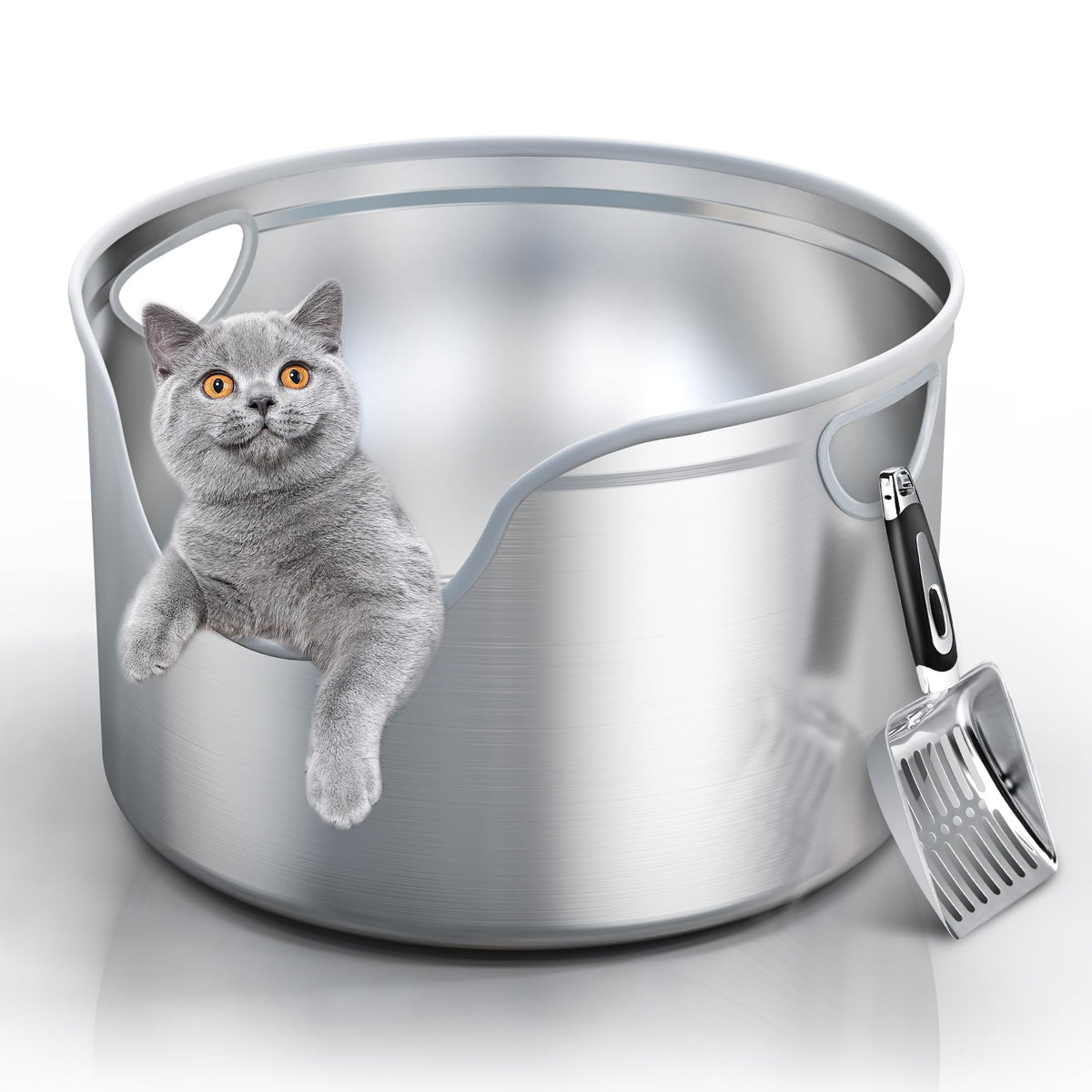 Aothey round-design stainless steel litter box with a spacious interior for comfortable cat movement.