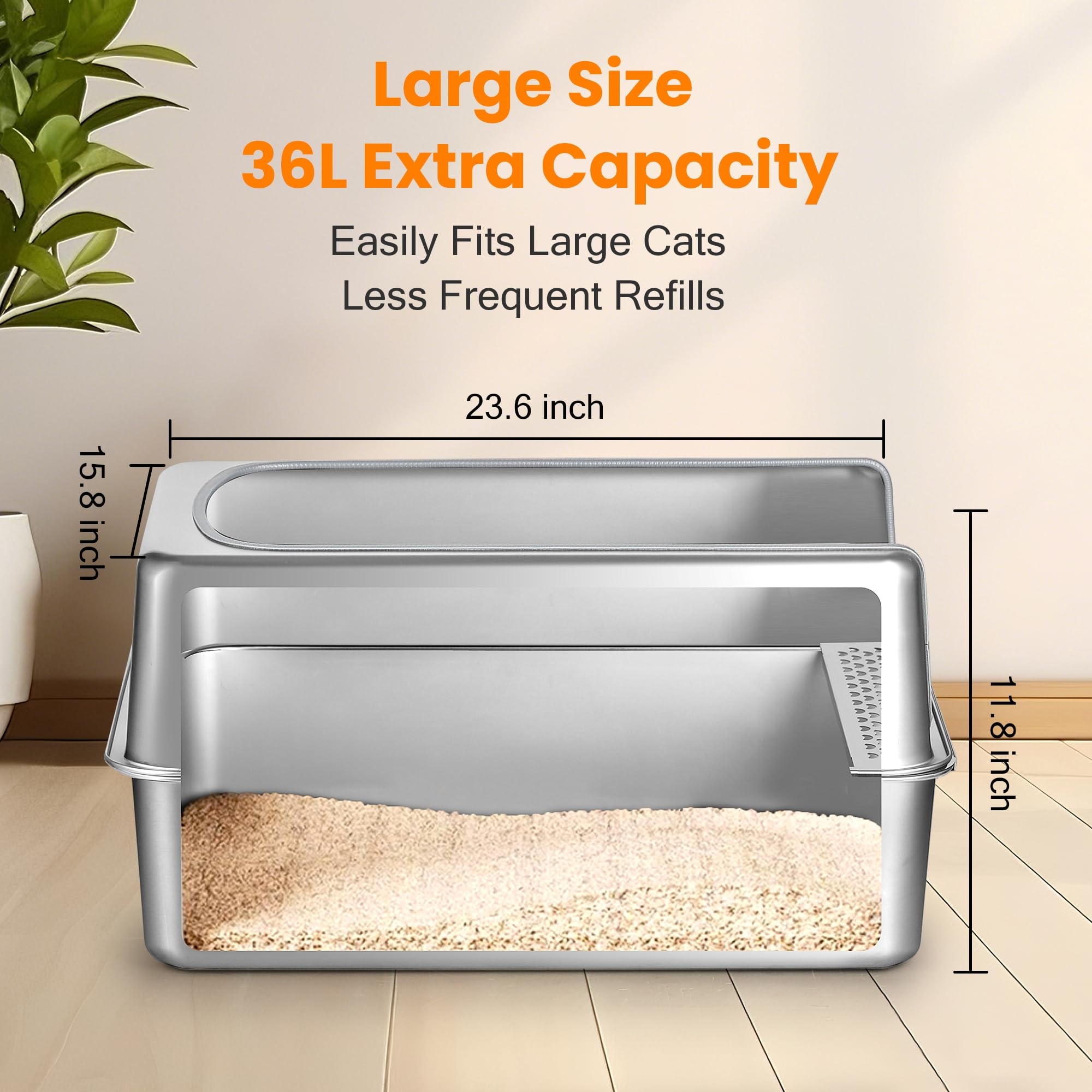 Aothey stainless steel litter box with anti-slip pads protects floors.