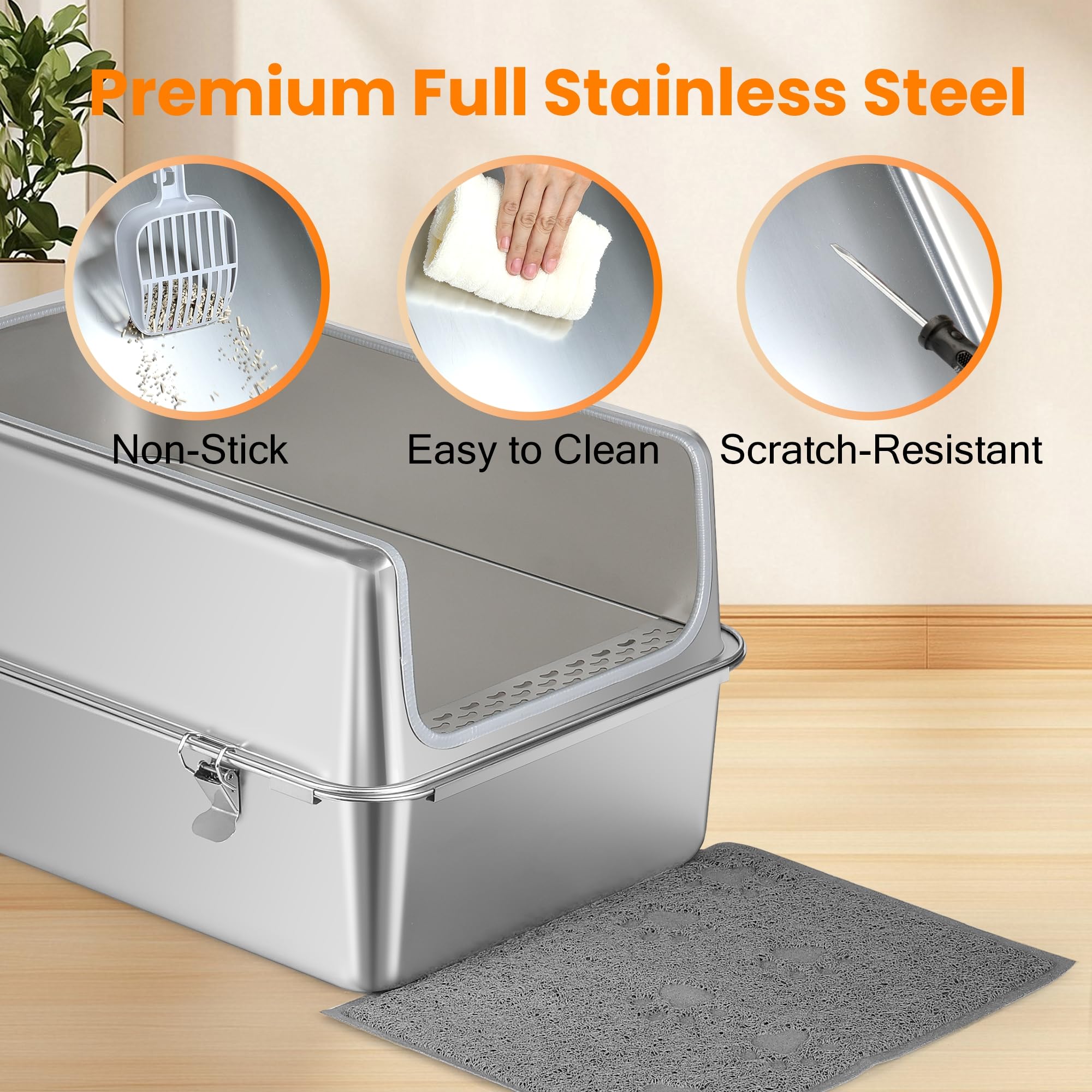 Aothey stainless steel litter box with slotted step reduces litter tracking.