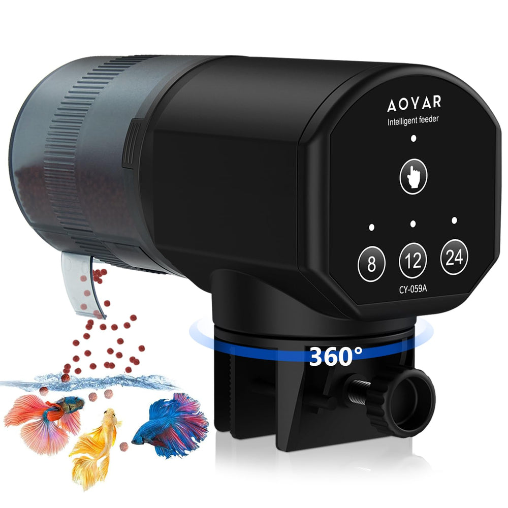 Aoyar automatic fish feeder front view, ideal for vacation feeding.