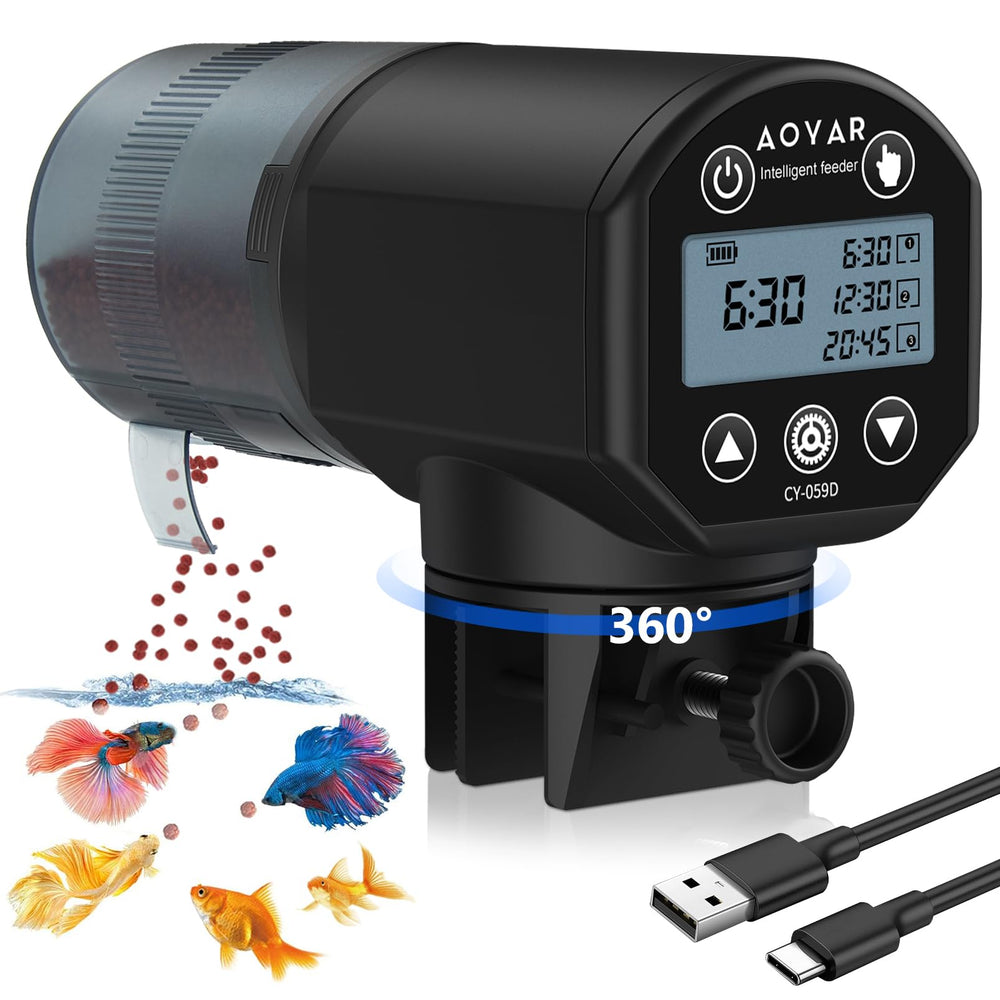 Aoyar automatic fish feeder front view showing compact design for precise daily feeding