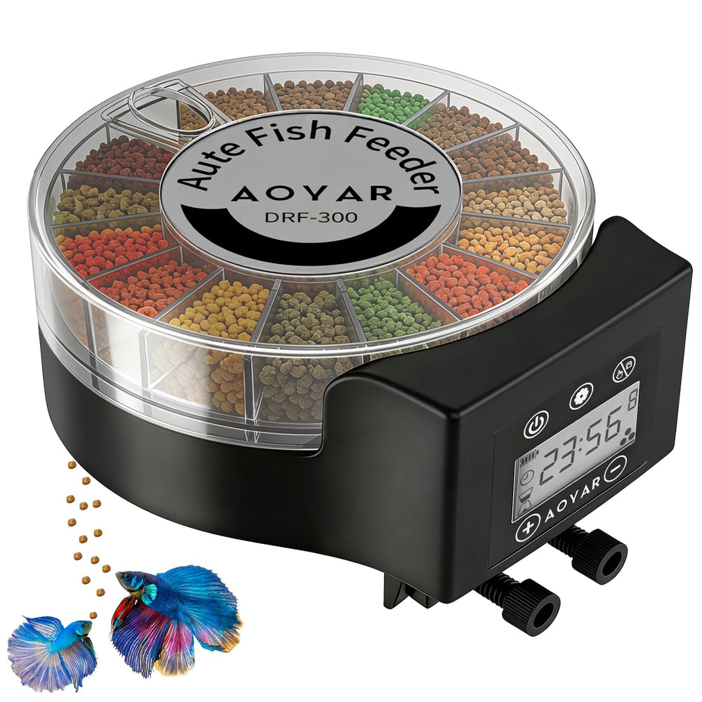 Aoyar automatic fish feeder front view showing compact design for easy home use.