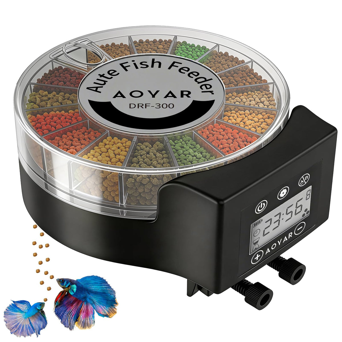 Aoyar automatic fish feeder front view showing compact design for easy home use.