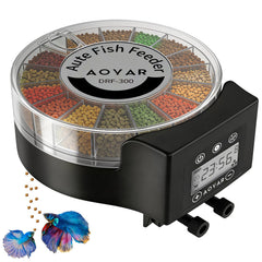 Aoyar automatic fish feeder front view showing compact design for easy home use.