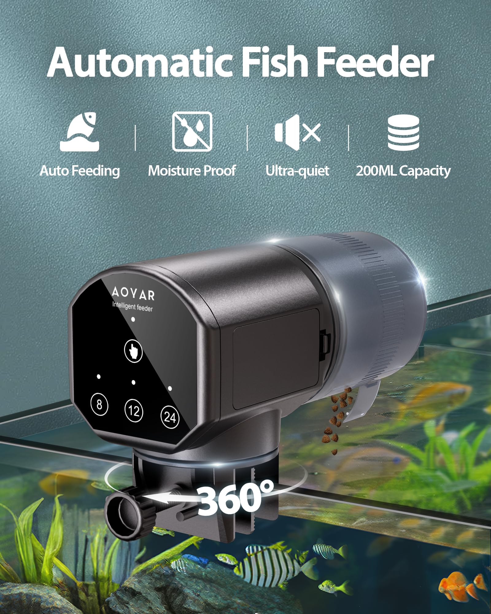 Aoyar automatic fish feeder side view enables flexible tank placement.