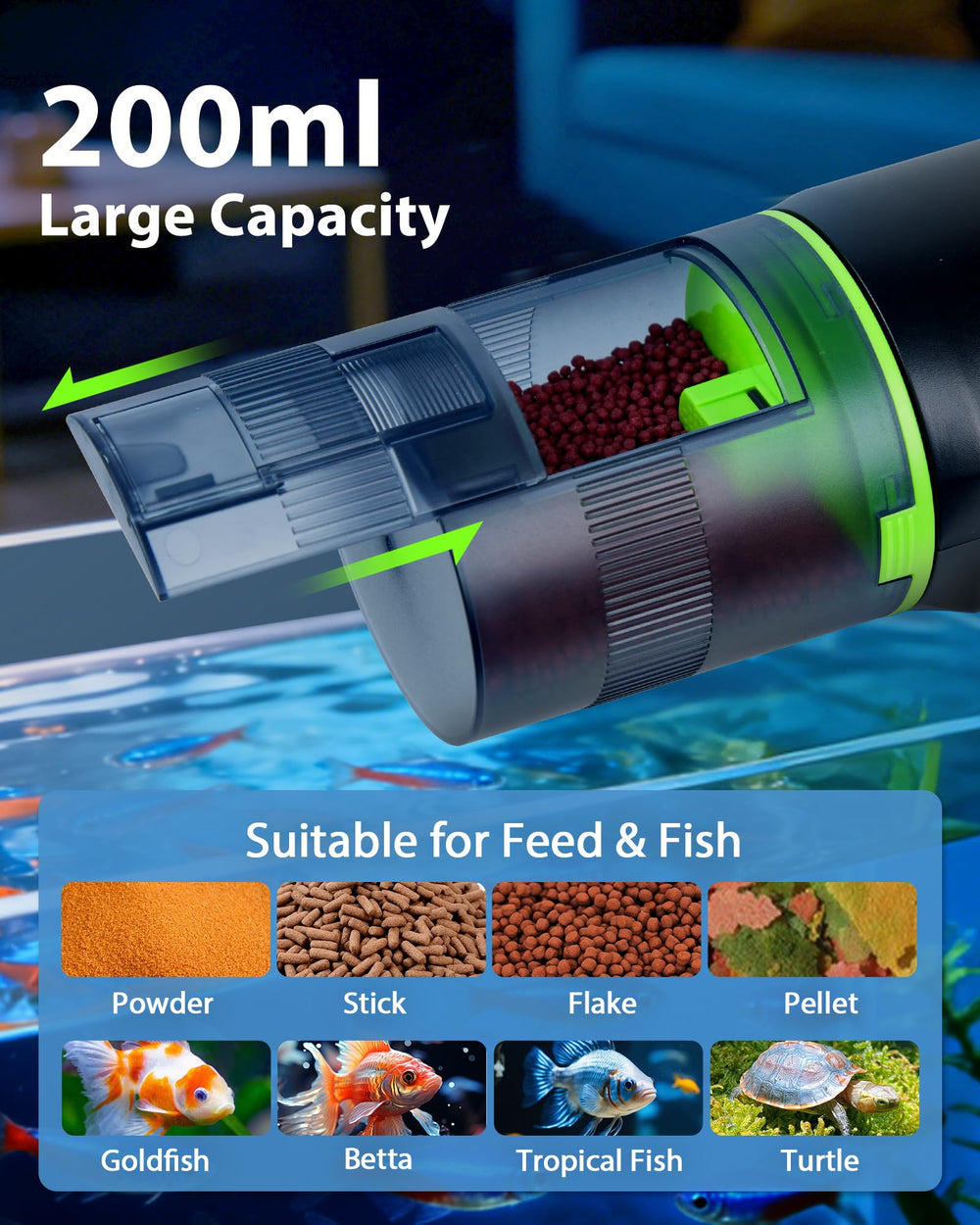 Aoyar WiFi fish feeder 200ml capacity for holiday auto-feeding.