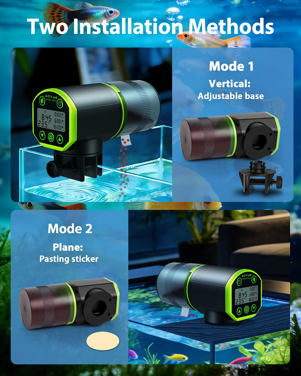 Aoyar WiFi fish feeder compatible with flakes, pellets, and powders.