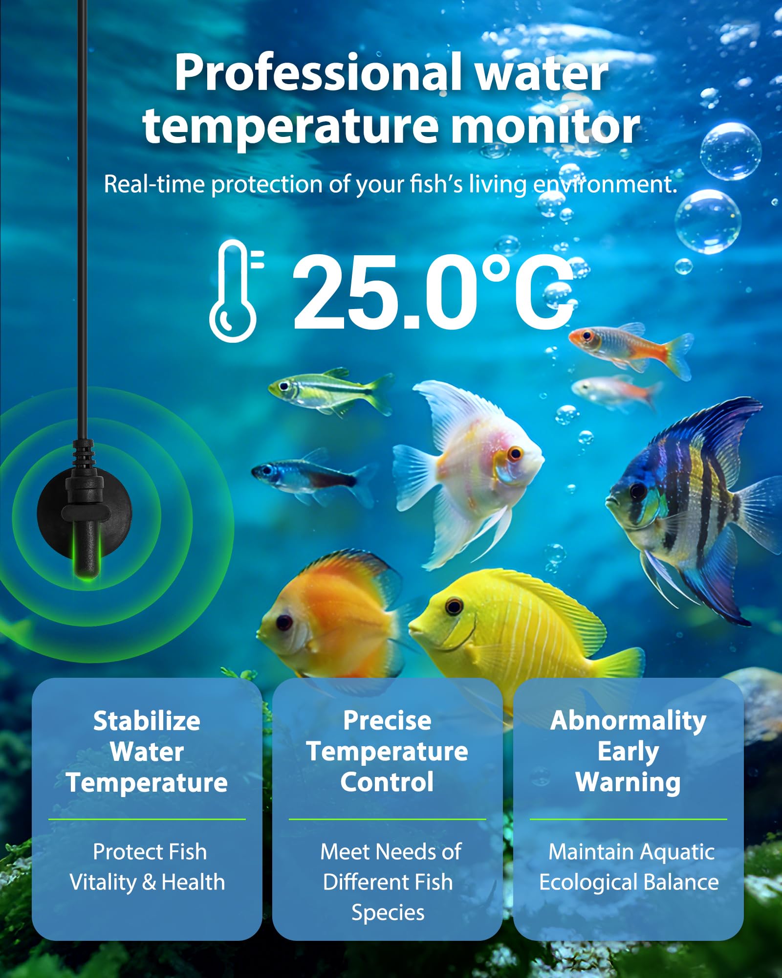 Aoyar WiFi fish feeder moisture-proof lid reduces moisture and clumping.