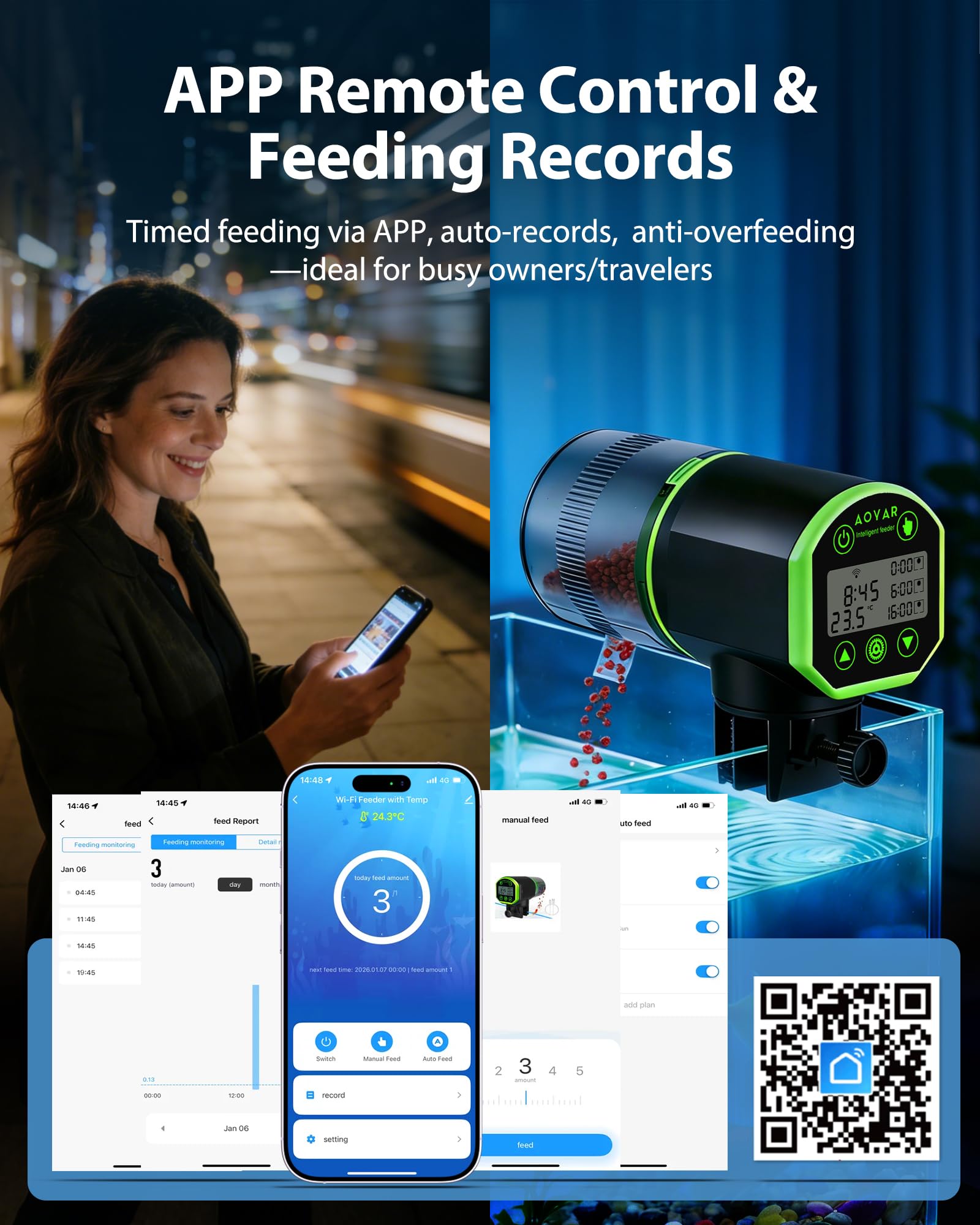 Aoyar WiFi fish feeder temperature alert indicator for safe tank conditions.