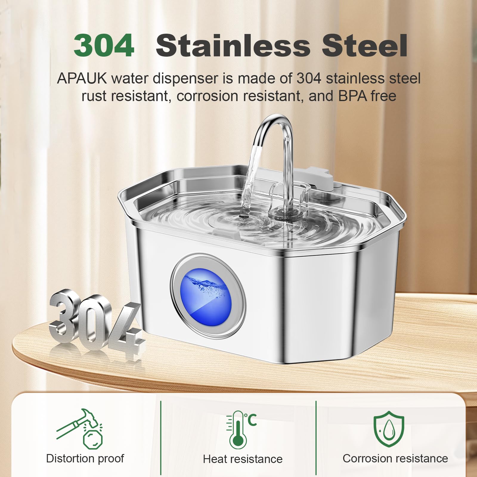 APAUK stainless steel cat fountain is rust-resistant and easy to clean