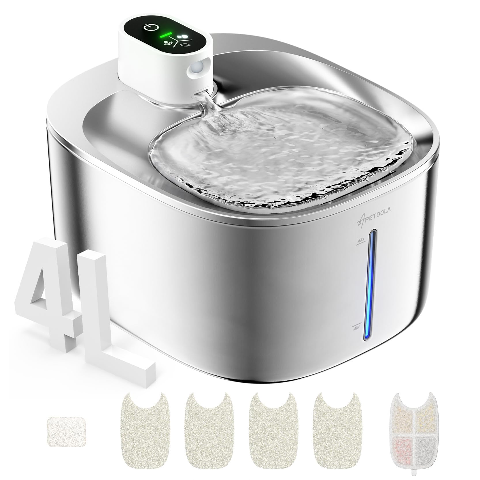 APD APETDOLA wireless cat water fountain front view in durable stainless steel.