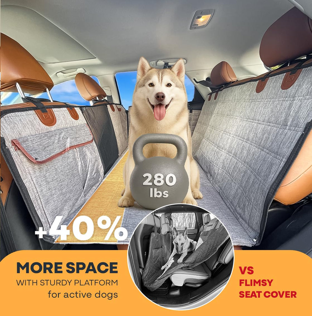 APetsPlanet backseat extender platform-bridge demonstrates a flat lounging surface for dogs