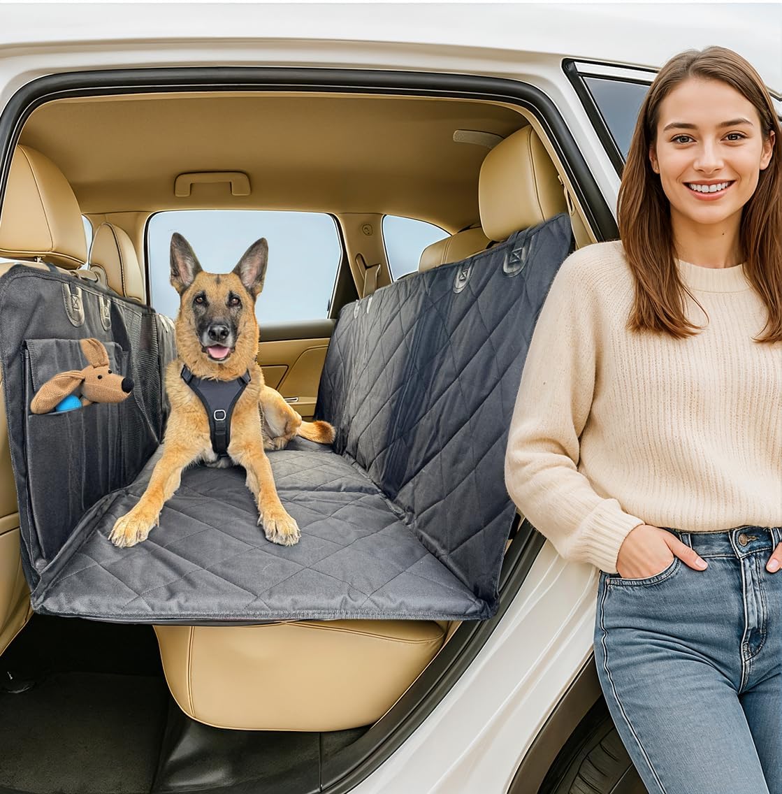 APetsPlanet dog car seat cover with hard bottom providing extra backseat support