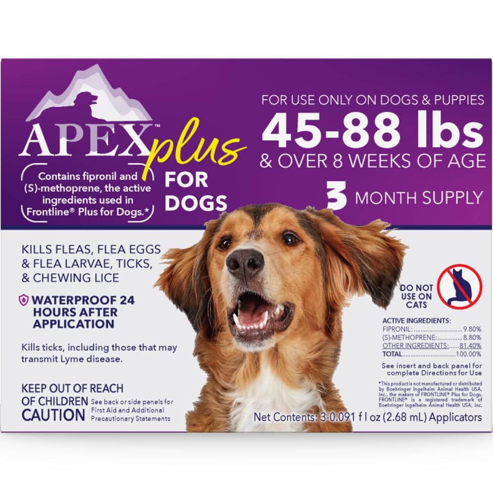 APEX Plus large-dog packaging shows easy monthly flea and tick protection.