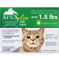 APEX PLUS cat flea treatment bottle close-up showing protection for cats.