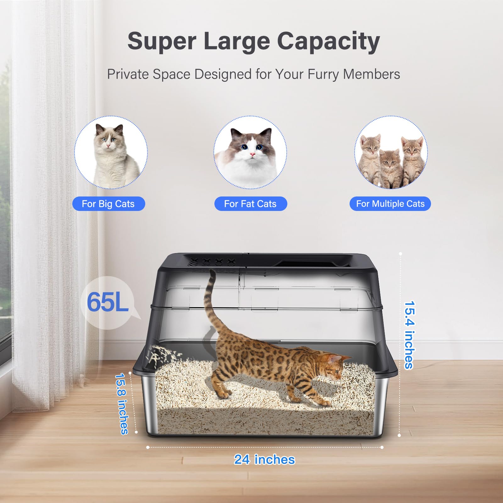Aphyxen 6-inch deep litter cavity holds ample litter for multi-cat households